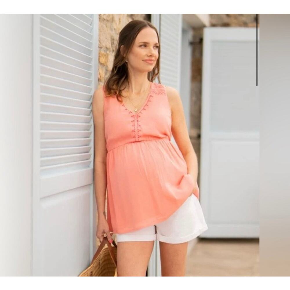 Seraphine Coral Boho Embroidered Maternity Nursing Sleeveless Blouse 8